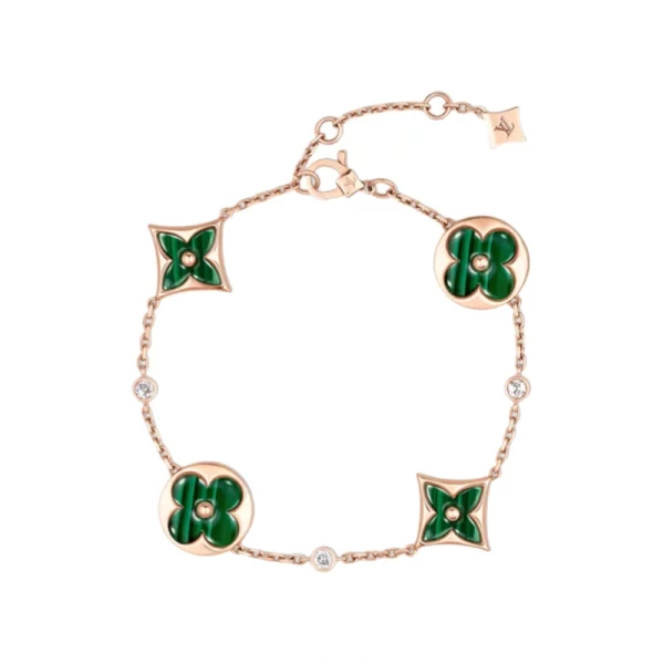 Women Multi-Motif Bracelet, Pink Gold, Malachite